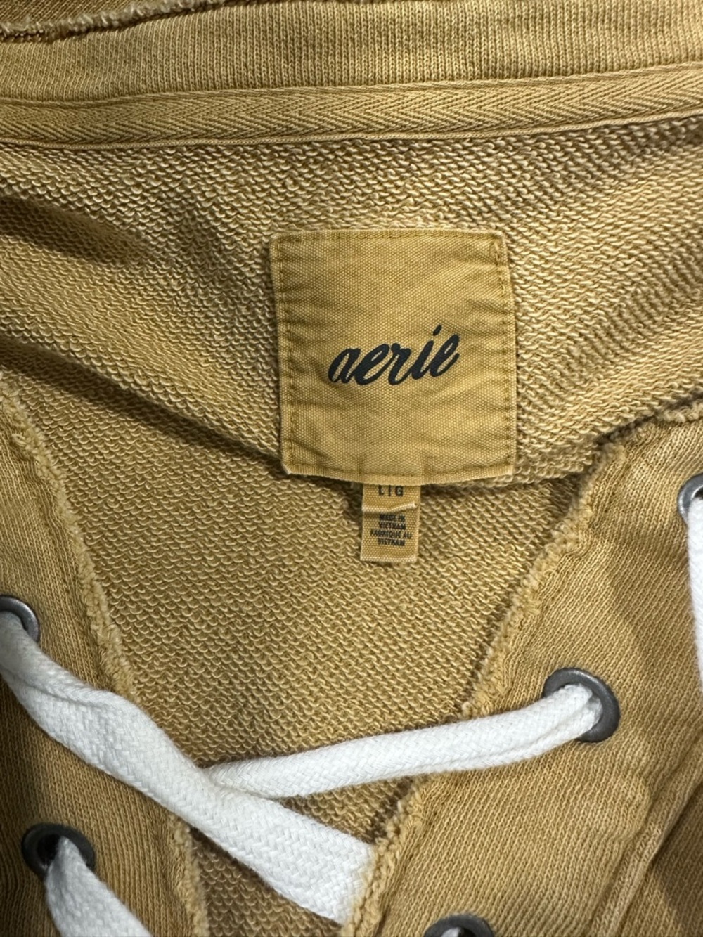 Aerie Relaxed Fit Yellow Mustard Sweatshirt Lace-up Tie Front Sz L - Picture 6 of 7